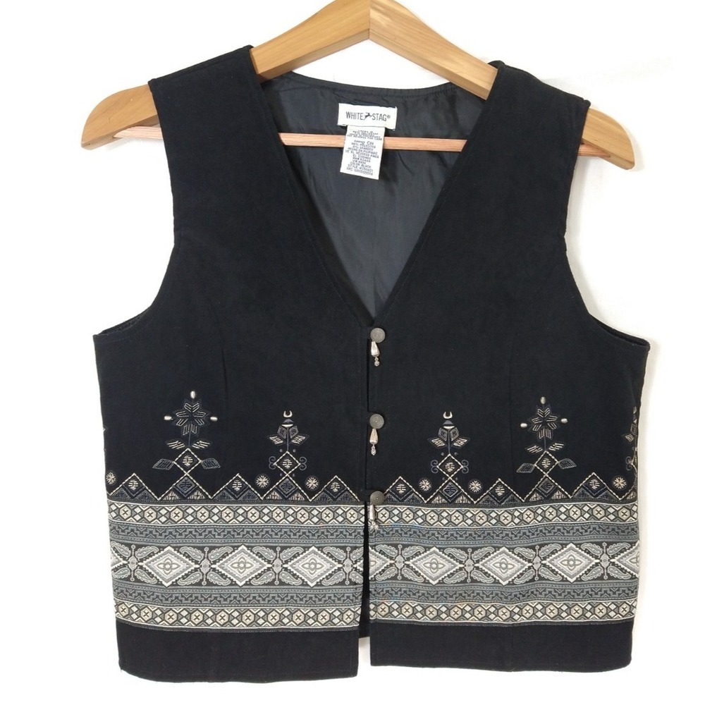 VTG White Stag Nordic Faux Suede Vest Boho Granny Rustic Fair Isle Preppy S